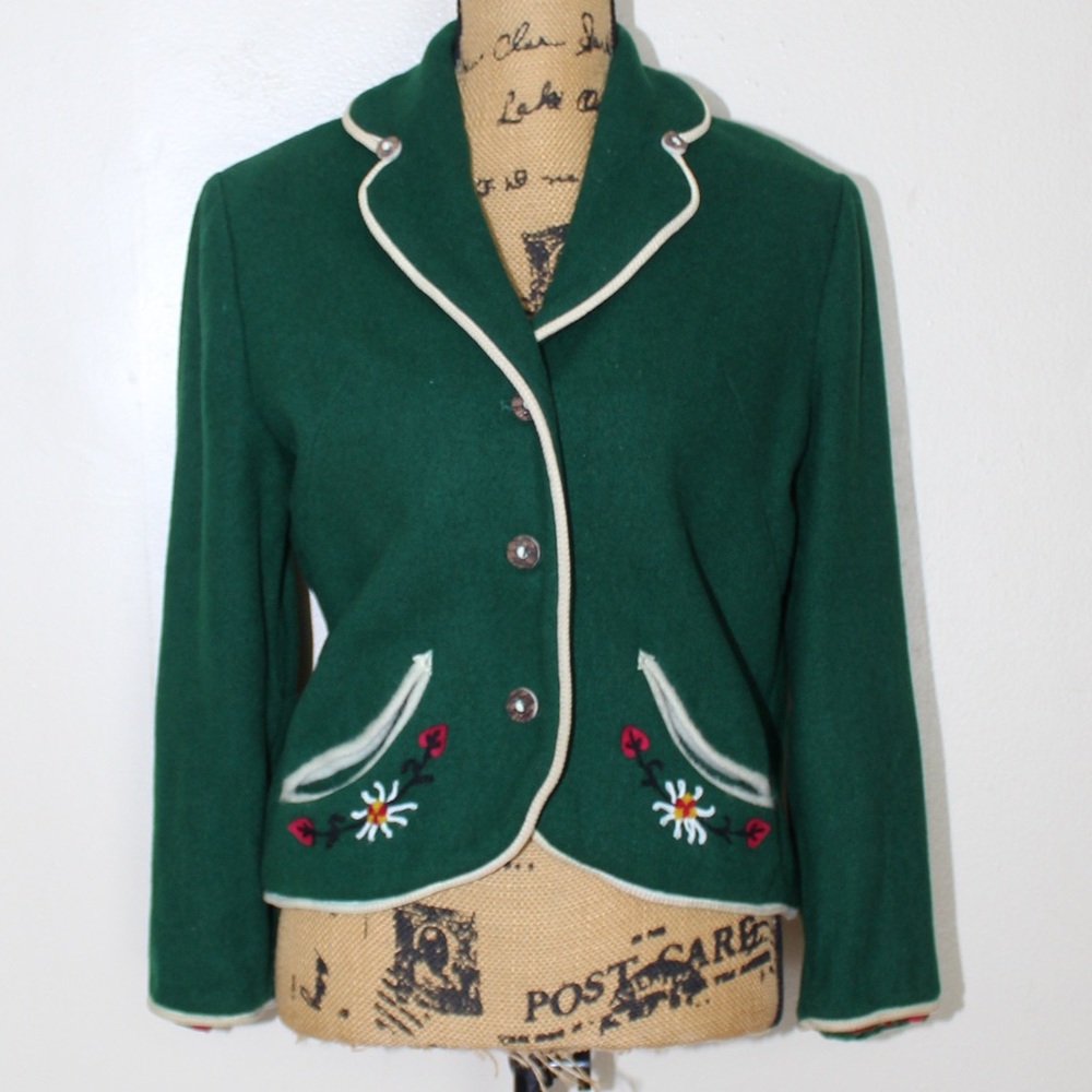 Vintage 50s Petti Glen Green Wool Lined Embroidered Button Blazer Women’s XS/S